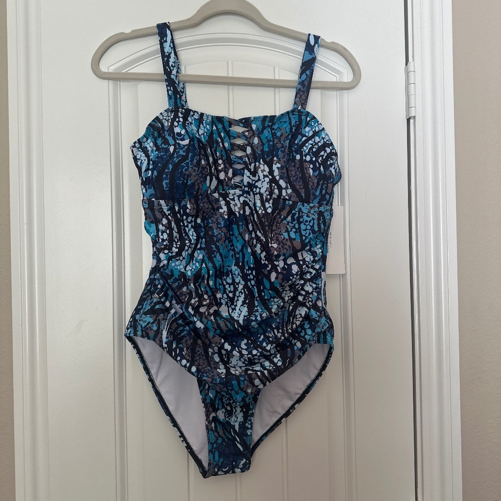 BloomChic Blue Abstract Lace-Up One-Piece Swimsuit